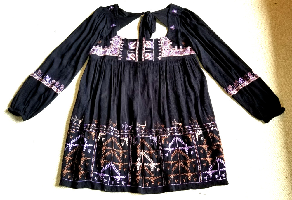 Womens Dress-FREE PEOPLE-black ' Rhiannon Embroidered Mini' gauzy BOHO whimsy-M